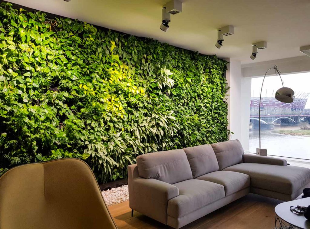 Żywa zielona ściana w apartamencie pokazowym w apartamentowcu The Tides
